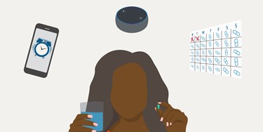 Illustration woman taking pill with reminders from phone, smart speaker and calendar