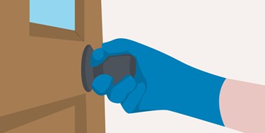 Illustration of a hand wearing a surgical glove holding a door handle