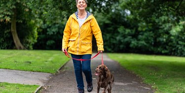 Woman In Yellow Raincoat Taking Dog For A Walk Through The Park