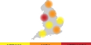 Graphic of England with hotspots representing the three tiers of lockdown