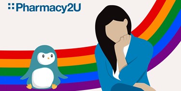 Illustration Wysa penguin mascot sat on rainbow with LGBTQI+ person